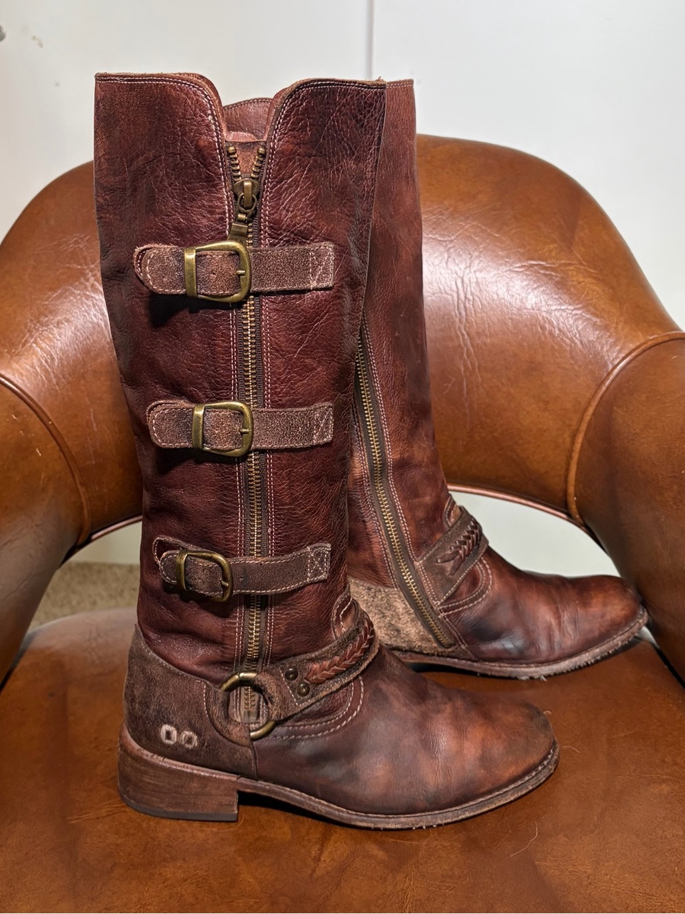 Bed Stu Skyla Knee High Leather Boot Brown Women’s Size 7 Distressed full Zip